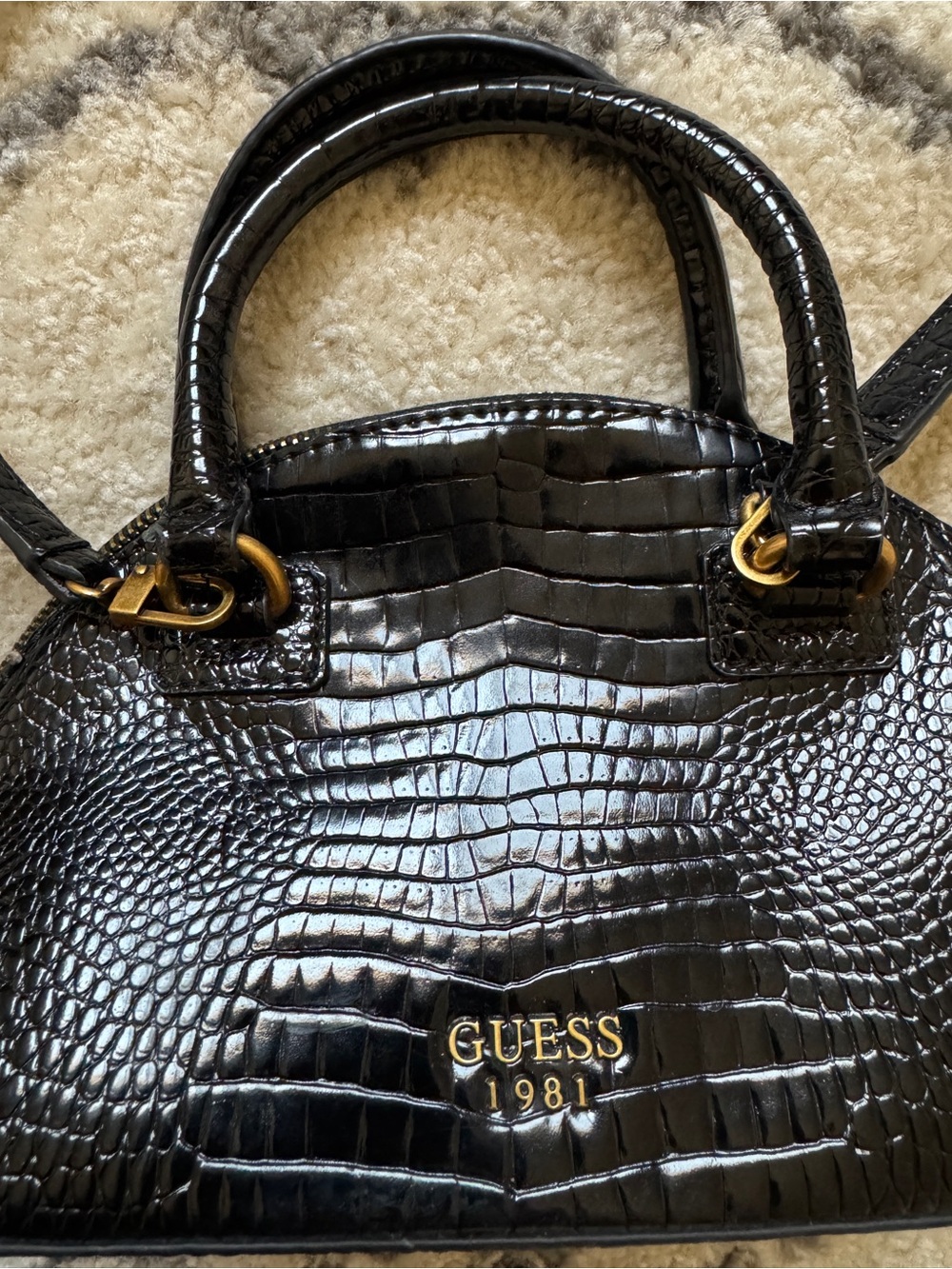 GUESS Black Croc-Embossed Dome Satchel with Gold Hardware